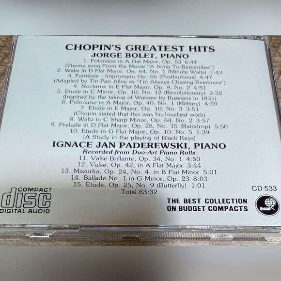 Chopin Greatest Hits CD Jorge Bolet Ignace Jan Paderewski Piano Classical Music - Picture 2 of 3